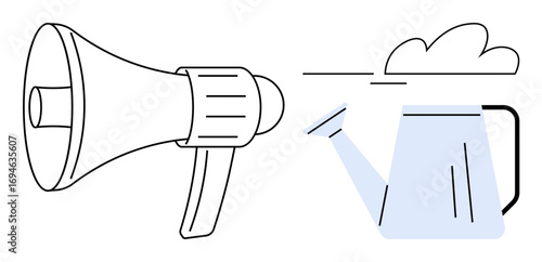 Megaphone and watering can combined to symbolize communication and nurturing ideas for growth. Ideal for marketing, creativity, innovation, strategy, leadership, teamwork, simple flat metaphor