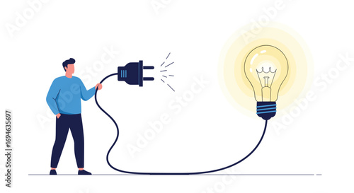 Man connecting plug to power source illuminating light bulb symbolizing innovation and ideas