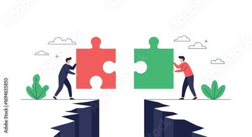 Teamwork concept connecting two puzzle pieces across a gap bridging differences