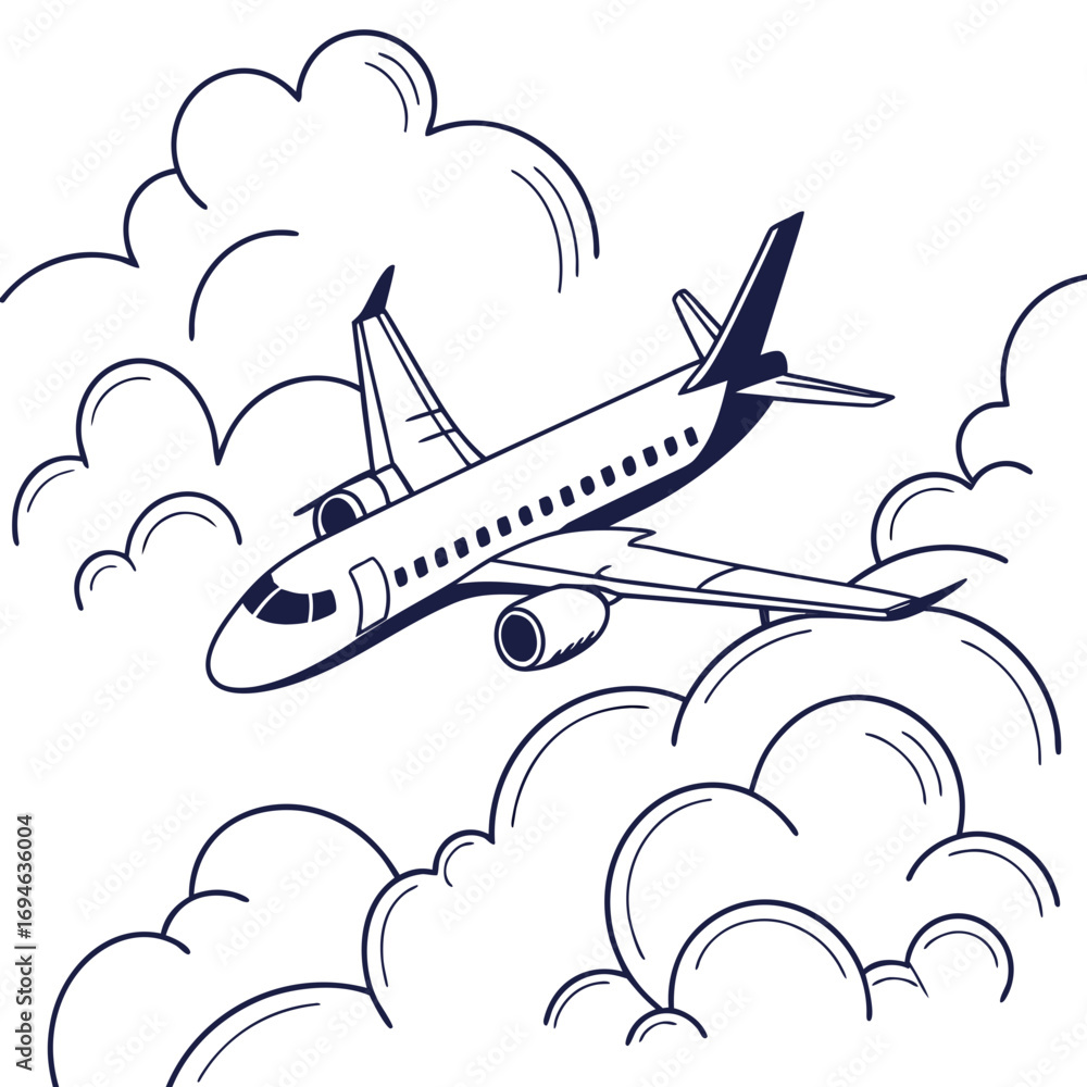 Naklejka premium A stylized line art illustration of a modern passenger jet airplane soaring through fluffy white clouds in a clear sky