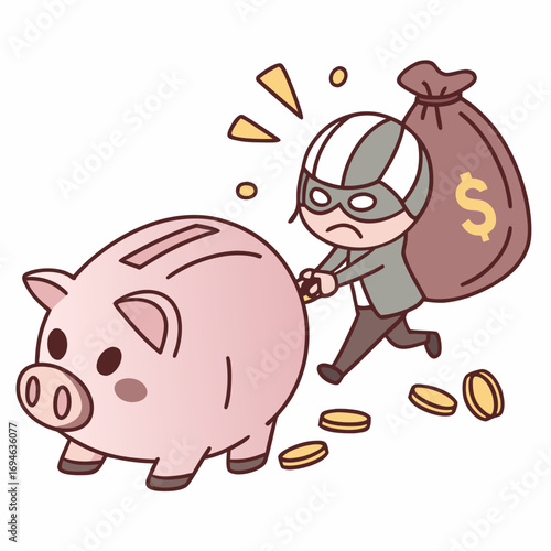 Cartoon thief wearing a mask and carrying a money bag steals from a piggy bank with coins falling out