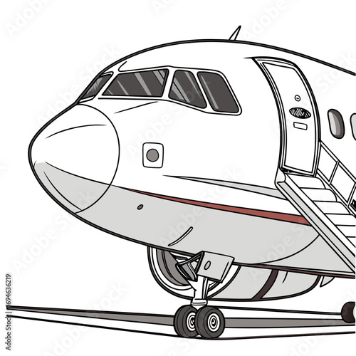 Close up view of a modern private jet airplane with open door and stairs on a white background