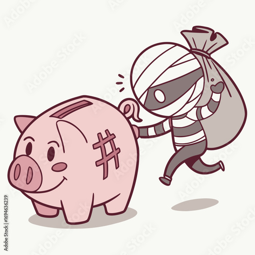 Cute cartoon thief wearing a mask and striped clothes stealing money from a happy piggy bank