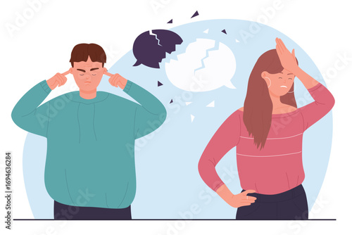 Misunderstanding in couple vector illustration. Cartoon angry man and woman misunderstand arguments, cracks in speech bubbles over spouses, relationship crisis and breakup of unhappy husband and wife
