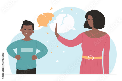 Misunderstanding between parent and child vector illustration. Cartoon mother showing stop gesture to angry son speaking arguments in dispute, speech bubbles with cracks over heads of woman and boy