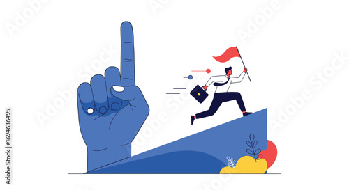 Businessman runs up a hill towards the peak with a flag while a giant hand points upwards leading the way