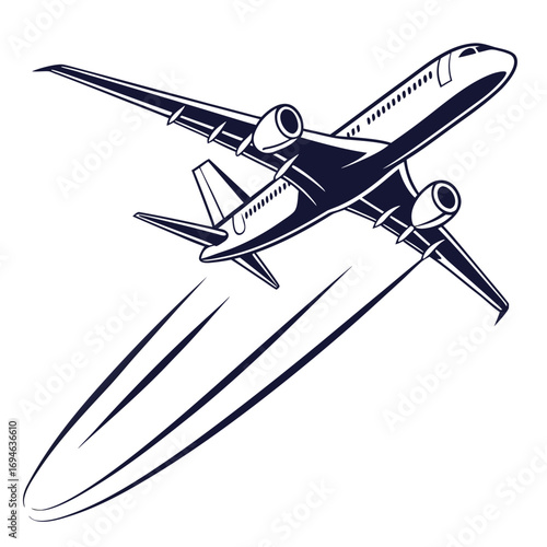 Modern jet airplane soaring upwards with speed lines indicating rapid ascent and travel