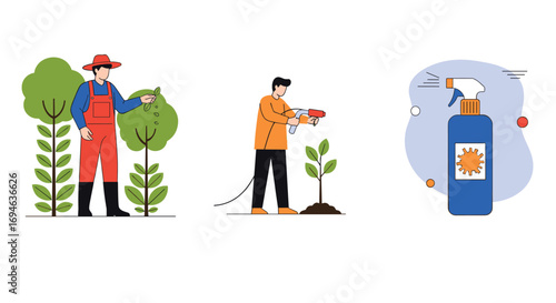 Farmers tending to crops with precision tools and pest control solutions for healthy growth