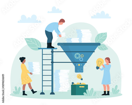 Office paperwork, generator and conversion of creative ideas vector illustration. Cartoon tiny people control funnel with engine, carry of paper documents, data information to light bulb filter