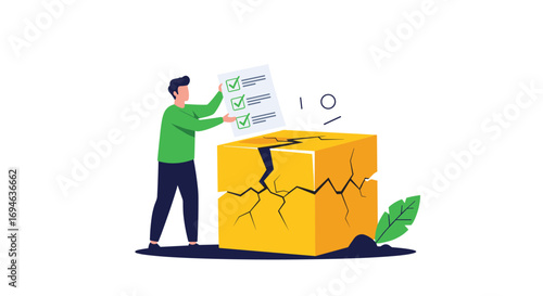 Man checking off tasks on a list as a large cracked cube breaks apart