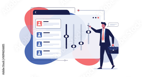 Business professional adjusting user profile settings on a digital interface with sliders and lists