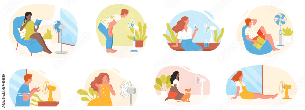 Fototapeta premium People cool off at fan in heat set vector illustration. Cartoon isolated hot summer scenes with woman and man, girl and boy cooling at electric ventilator blowing, sitting on home floor or chair