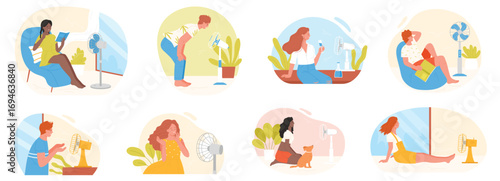 People cool off at fan in heat set vector illustration. Cartoon isolated hot summer scenes with woman and man, girl and boy cooling at electric ventilator blowing, sitting on home floor or chair
