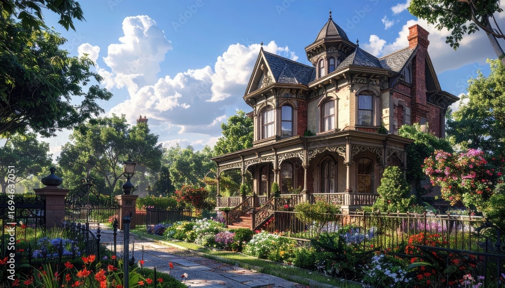 A picturesque, sun-drenched scene of a historic Victorian home, meticulously detailed with lush greenery and colorful gardens. A picturesque, sun-drenched scene of a historic Victorian home, meticulously detailed with lush greenery and colorful gardens.