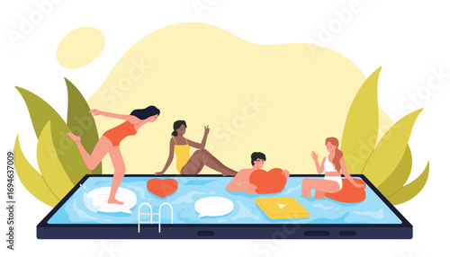 Summer beach vacation and social media vector illustration. Cartoon tiny happy people in swimwear enjoy pool party, man and woman swim in water on mobile phone screen, holding likes and apps icons
