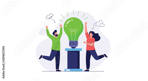 Two people celebrating near a giant glowing green light bulb symbolizing a bright new idea innovation and success
