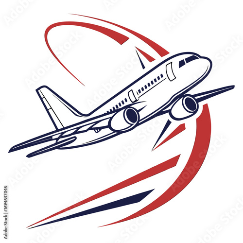 Sleek modern jet airplane in flight with abstract red and blue swoosh graphic elements symbolizing speed and movement