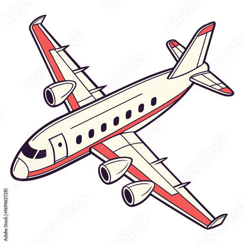 Stylized cartoon illustration of a vintage jet airplane with red accents flying against a white background