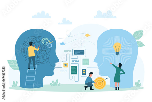 Psychology, recovery mental disorder problem vector illustration. Cartoon tiny people unravel tangled thread and puzzle chaos inside human head, support and untangle wire to light bulb in brain