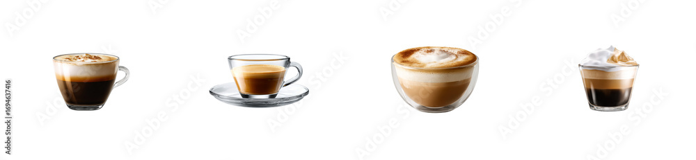 Four diverse coffee drinks in glass cups on transparent background, cut out