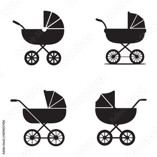 Four Classic Baby Stroller Icons on White Background
