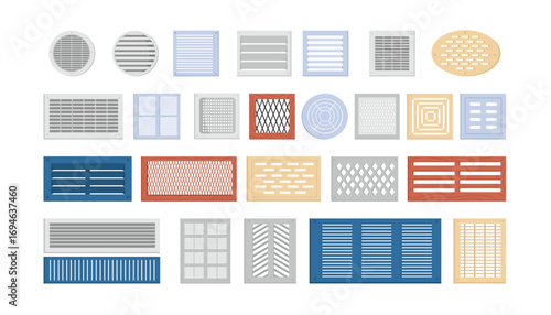 Ventilation shutters set vector illustration. Cartoon isolated metal and plastic lattice hole, domestic vent covers of different shapes and types with louver and grate for home kitchen and bathroom