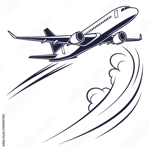 Stylized illustration of a modern jet airplane ascending rapidly with dynamic motion lines and stylized clouds