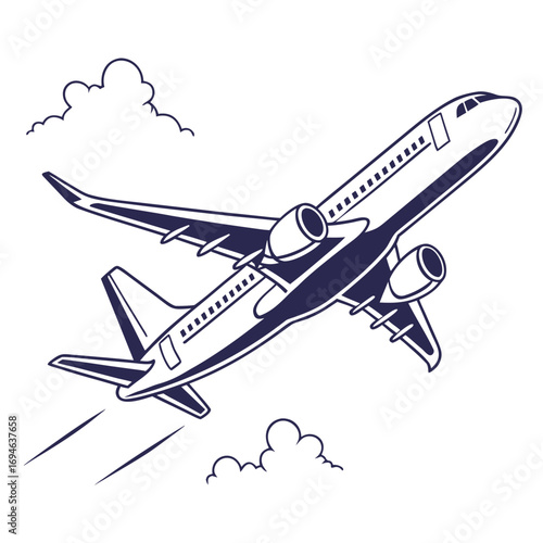 Stylized navy blue line drawing of a modern passenger jet airplane ascending through fluffy white clouds against a white background