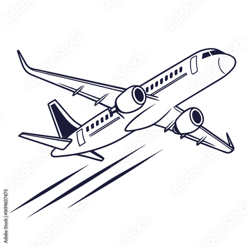 Stylized outline drawing of a modern jet airplane ascending into the sky with speed lines below