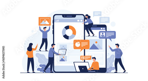 Digital marketing specialists collaborate on a giant smartphone screen displaying charts and graphs