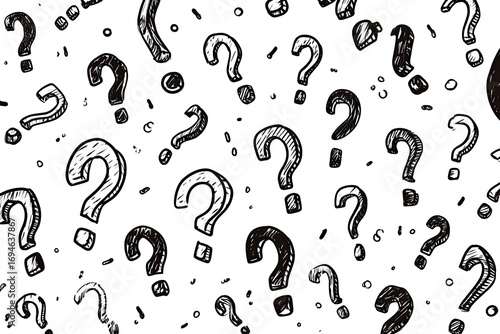 A background pattern of scattered question marks
