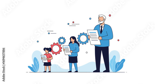 Diverse team collaborating effectively on a project with gears representing synergy and success