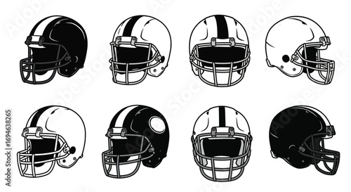 A collection of eight football helmets, each with a unique design and color scheme, isolated on white background, showcasing the variety in sports