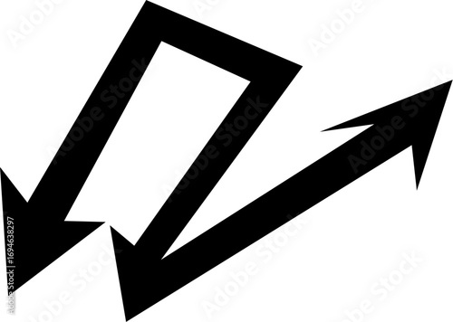 Monochrome graphic icon depicting two interconnected arrows pointing in opposite directions, symbolizing market volatility, fluctuation, and strategic direction