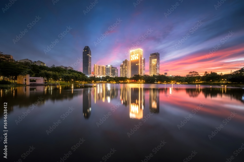 Naklejka premium Huizhou Jiangbei CBD skyline with illuminated skyscrapers reflecting in lake at dramatic colorful sunset, China urban landmark cityscape