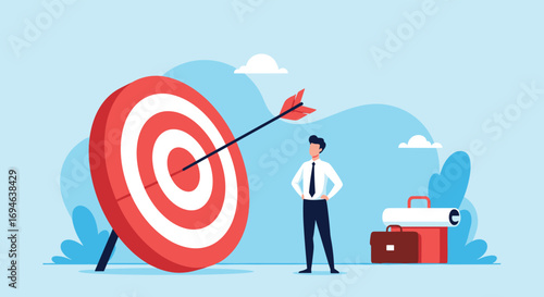 Business professional achieving a successful target goal with an arrow hitting the bullseye illustration