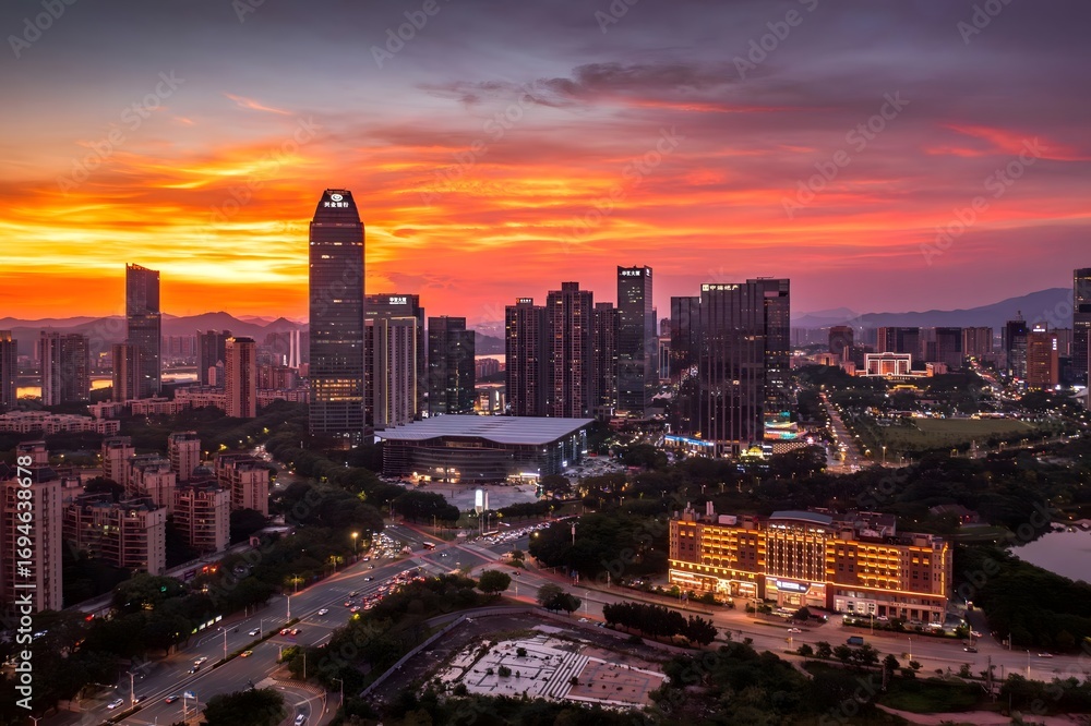 Obraz premium Huizhou Jiangbei CBD Skyline at Sunset, Modern Urban District Architecture, China