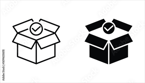 Package delivered confirmation icon set. Package with checkmark icon. Verified or successfully delivered package. Vector illustration for web design.