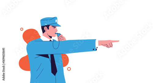 Man in uniform blowing whistle pointing forward directing traffic or guiding safely