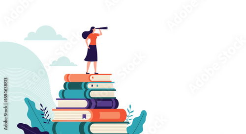 Woman standing on stack of books looking through telescope discovering future opportunities knowledge growth