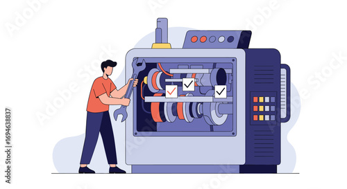 Skilled technician inspecting complex industrial machinery with tools and checklists