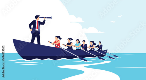 Visionary leader guiding team rowing boat towards a bright future forward