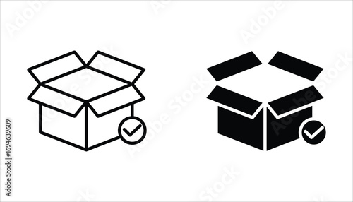 Package delivered confirmation icon set. Package with checkmark, linear icon. Verified or successfully delivered parcel. Isolated on white background.