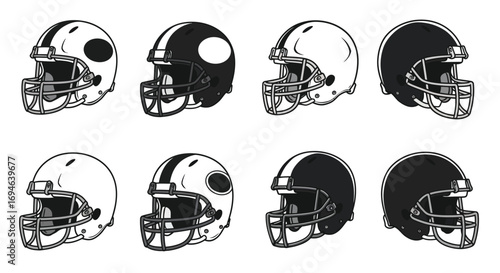 A collection of eight football helmets, each with a unique design and color scheme, isolated on white background, showcasing the variety in sports
