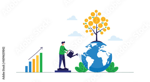 Person watering a money tree growing on earth with a growth chart behind