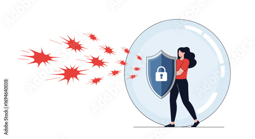 Person protected inside transparent bubble shield guarding against red virus or bacteria attack