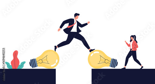 Businessman jumping between lightbulbs bridging a gap to achieve success