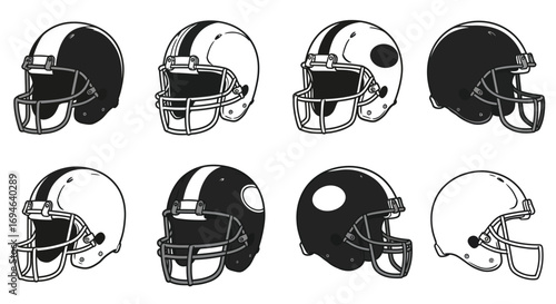 A collection of eight football helmets, each with a unique design and color scheme, isolated on white background, showcasing the variety in sports