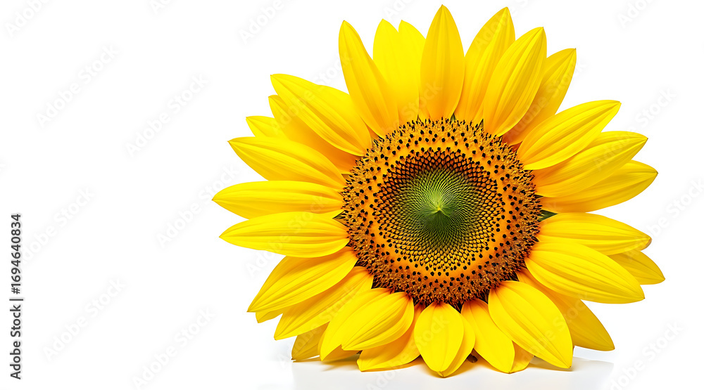 Obraz premium Bright yellow sunflower head with detailed seeds and petals isolated on white background, radiating natural beauty and vibrant energy