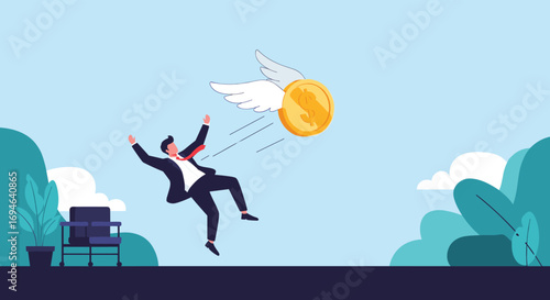 Businessman falling down as flying coin escapes upward into the sky concept